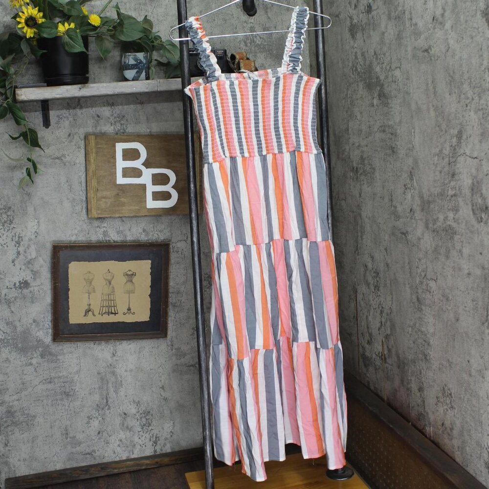 NWT Ny Collection Tiered Dress with Smocked Bodice Peach Pink Stripe Multi PXL - Picture 3 of 6